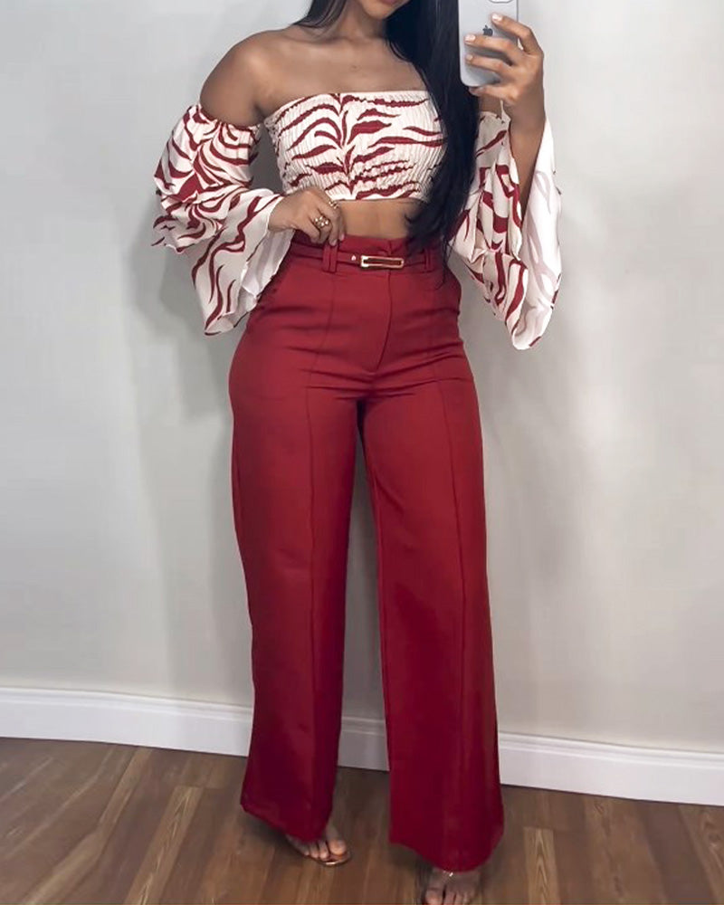 Off-shoulder printed solid color pants two-piece set