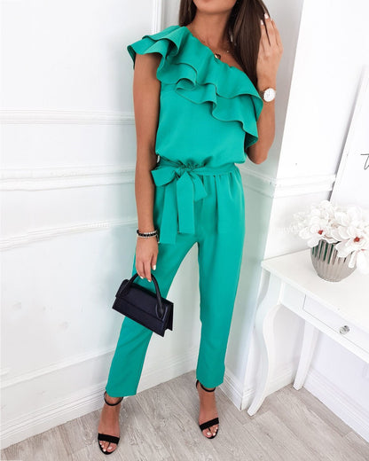 ruffled slant-shoulder slim-fit jumpsuit