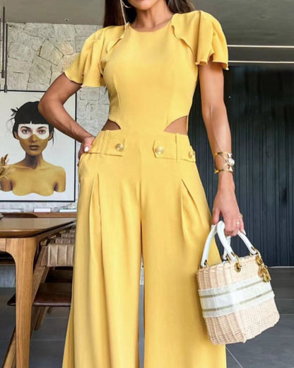 Puff Sleeve Solid Color Hollow Jumpsuit