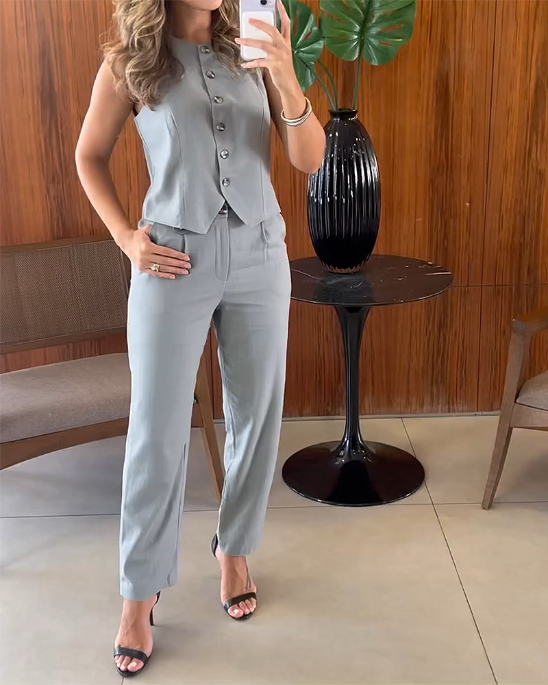 Buttoned Sleeveless Top and Pants Two-piece Suit