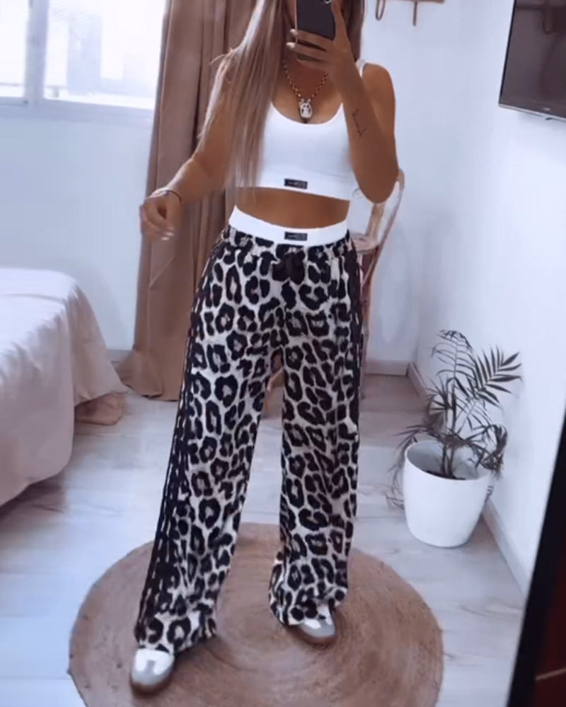 Sleeveless solid color top leopard print pants two piece set