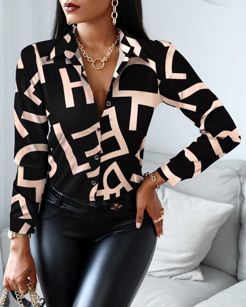 Long Sleeve Letter Print Lapel Blouse