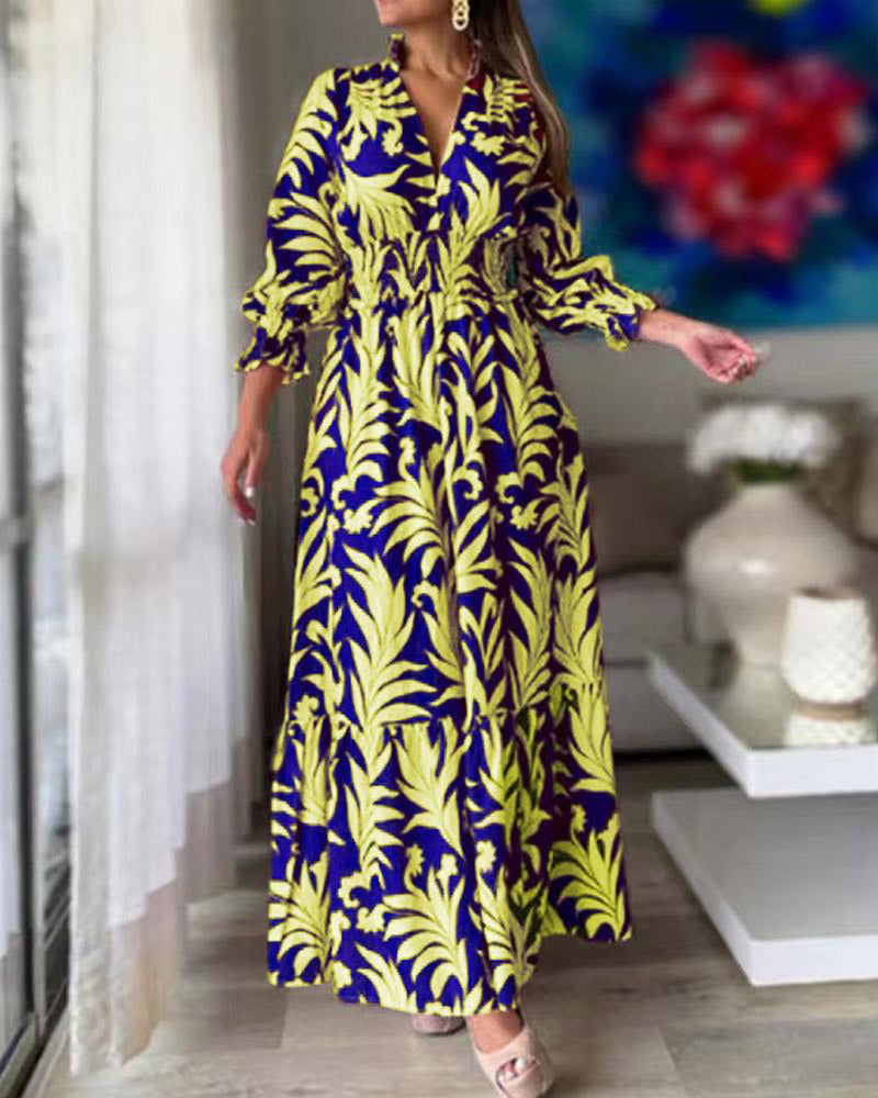 Taillenpullover mit Boho-Print, langärmeliges Swing-Kleid 