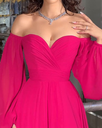 Off-shoulder long-sleeved waisted solid color dress