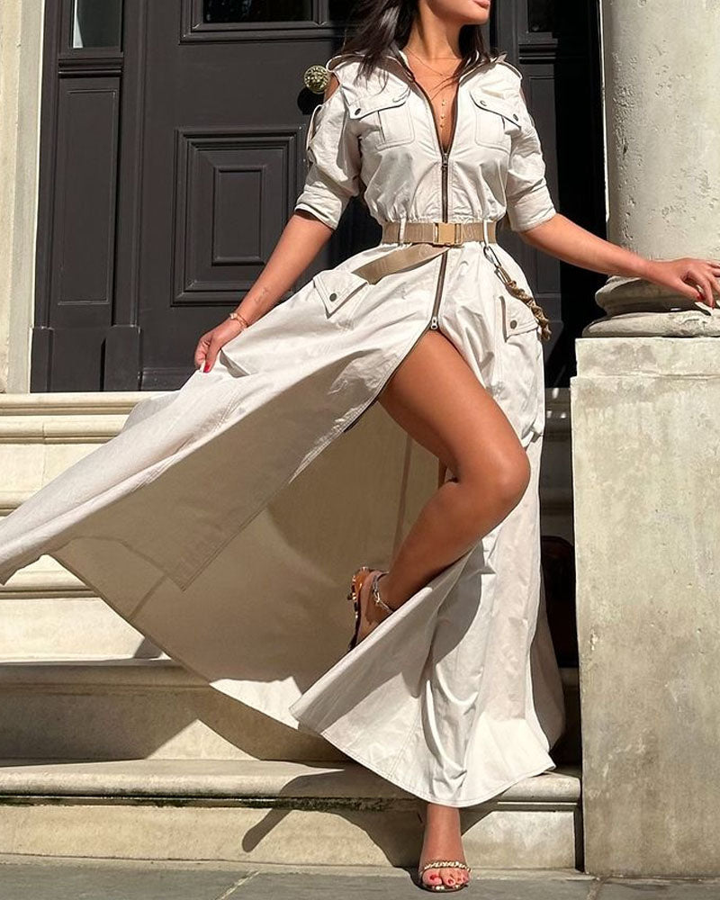 Lapel Hollow Solid Color Slit Dress