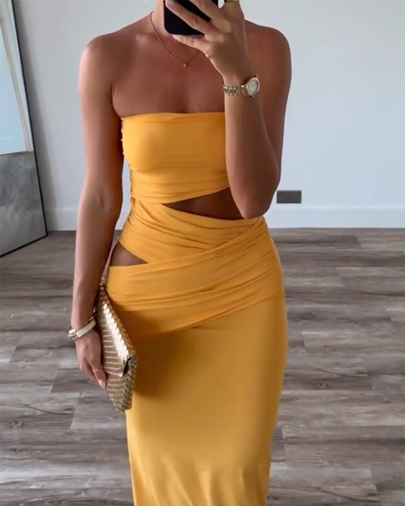 Strapless Hollow Solid Color Slit Dress