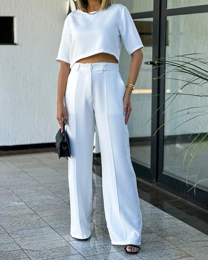 Round Neck Short Sleeve Top Trousers Solid Color Two-piece Suit