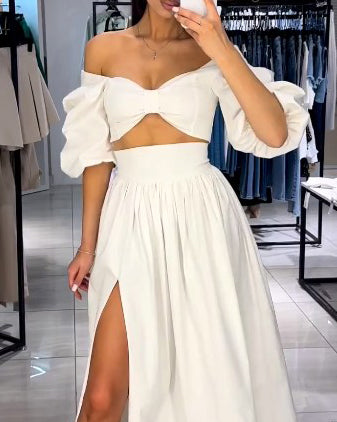 Two-piece one-shoulder solid color slit skirt