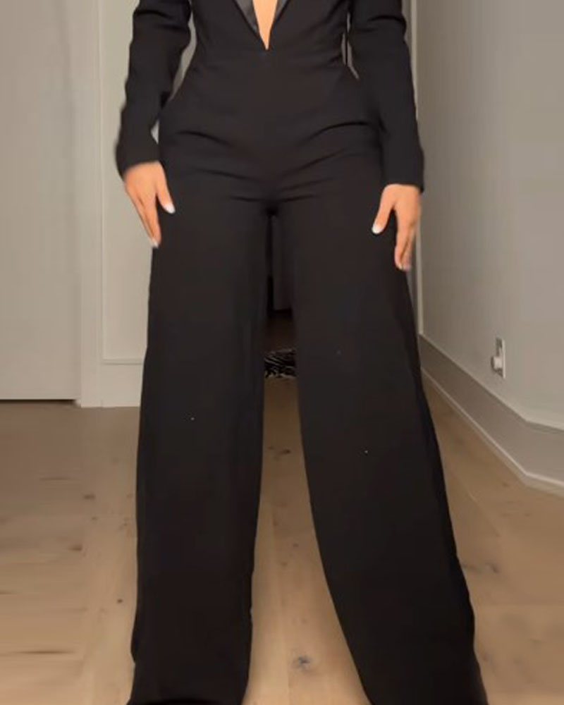 Long-sleeved V-neck waist jumpsuit