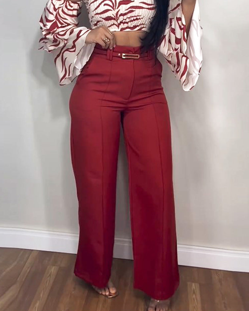 Off-shoulder printed solid color pants two-piece set