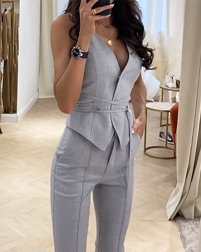 Lace-up V-Neck Vest Pants Two-Piece Set