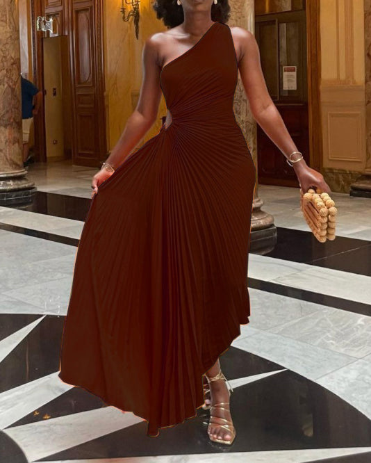 One-Shoulder Cutout Pleated Gown Dress