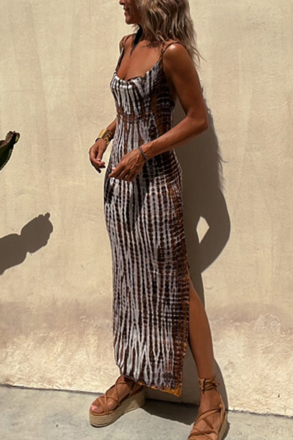 TIE-DYE PRINT DOUBLE SHOULDER STRAP STRETCH MAXI DRESS