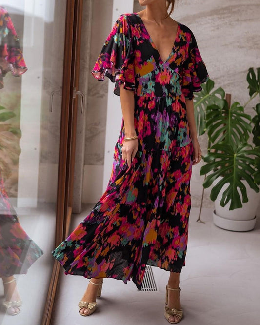 Casual V-neck Open Back Printed Dress