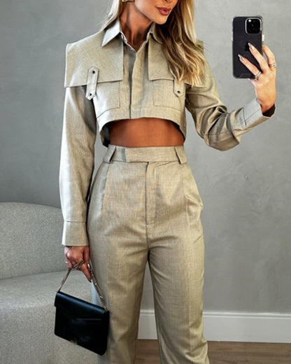 Lapel long sleeve solid color two piece set