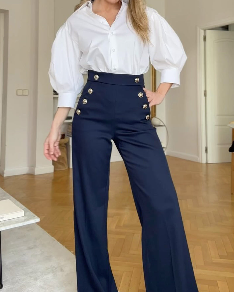 Lapel Puff Sleeve Top and Pants Two-piece Suit