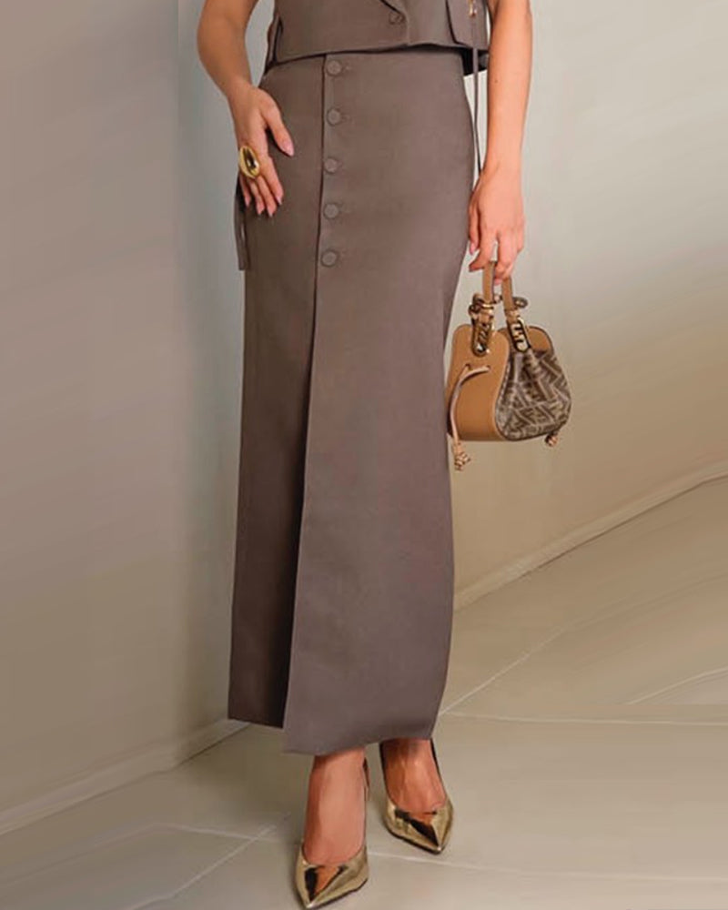 Lapel casual solid color slit skirt two-piece set