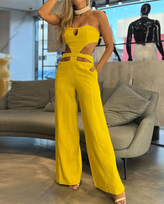 Sleeveless Tube Top Solid Color Hollow Jumpsuit