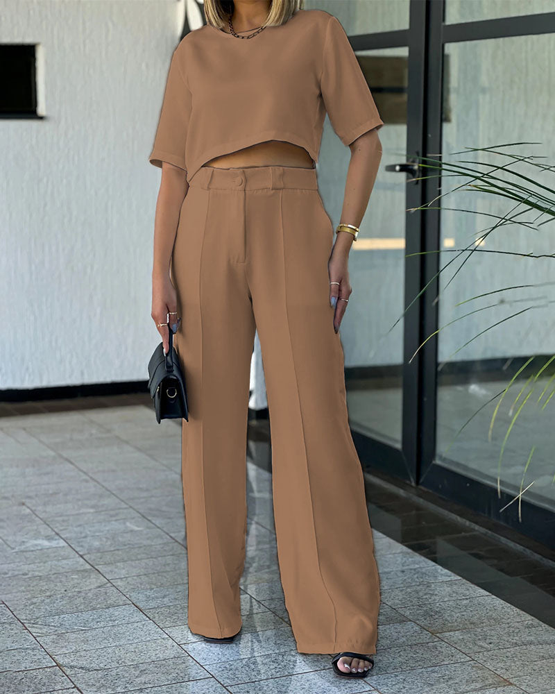 Round Neck Short Sleeve Top Trousers Solid Color Two-piece Suit