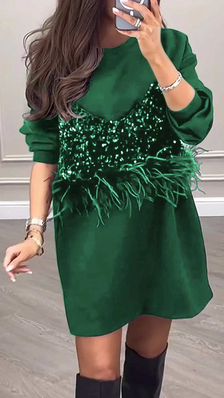 Women's Round Neck Long Sleeve Sequined Fur Stripe Fake Two Piece Party Dress green