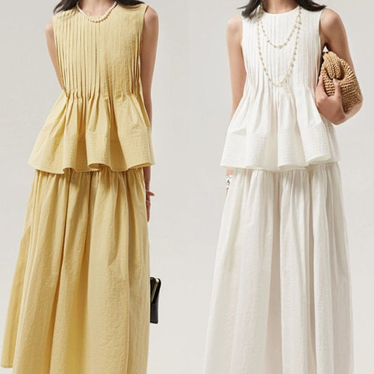 Woolen Cotton Tucker Pleats Sleeveless Bud Top Mid-length Dress Set