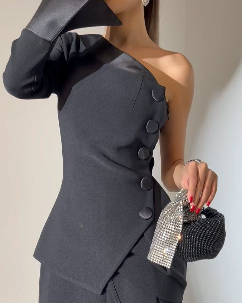 One-shoulder solid color slit two-piece suit