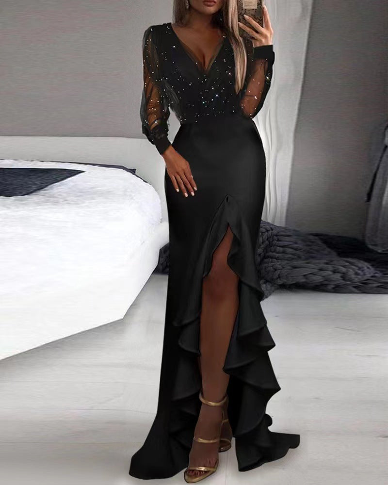 Robe longue sexy en maille à paillettes 