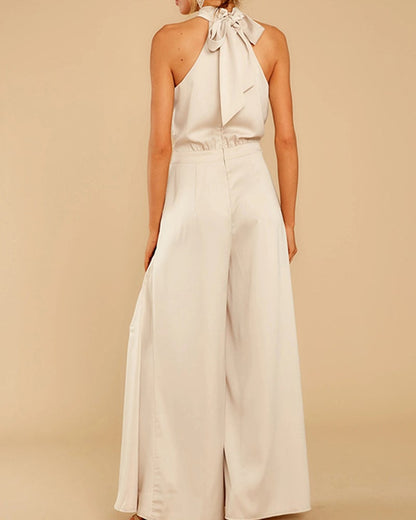 Solid color off-the-shoulder jumpsuit