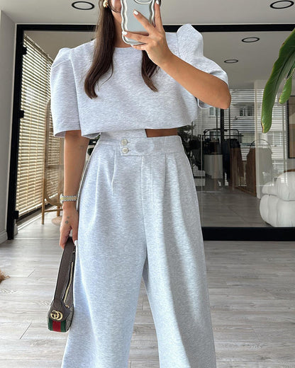 Women's solid color short-sleeved trousers casual suit