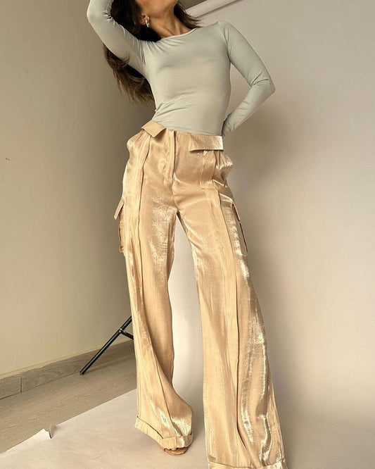 Round Neck Long Sleeve Top Flash Pants Two Piece Suit