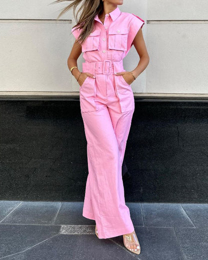 Lapel solid color tie waist jumpsuit (belt included)