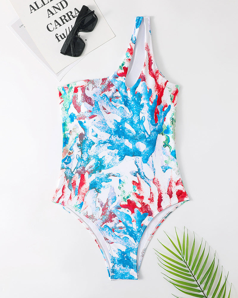 Coral-print One-shoulder Cutout Swimsuit