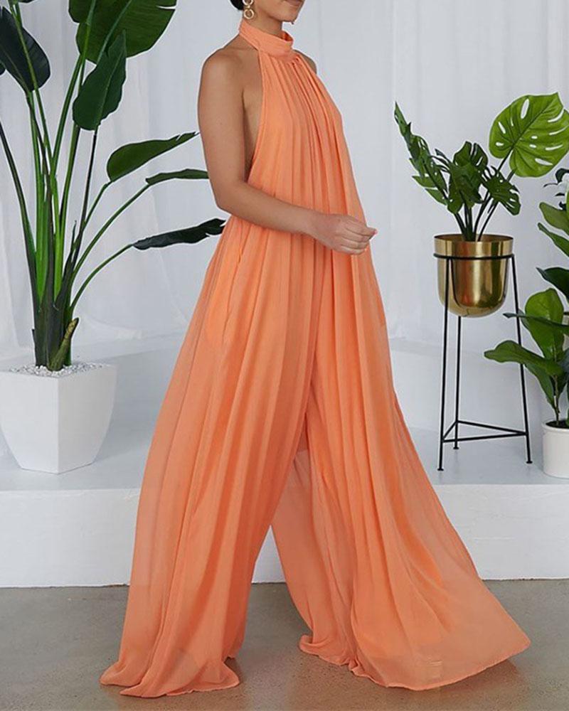 Fashion Casual Halter Pure Color Chiffon Halter Jumpsuit