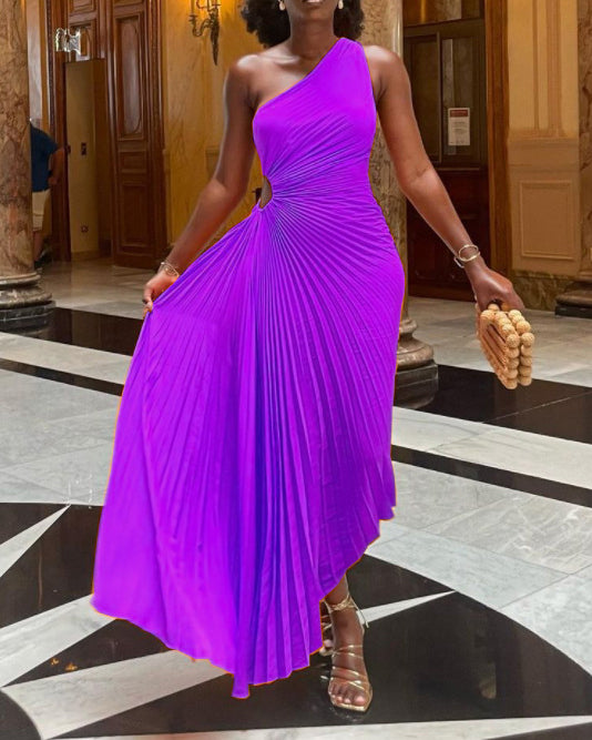 One-Shoulder Cutout Pleated Gown Dress