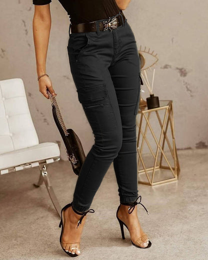 Low Waist Button Solid Color Ladies Cargo Pants