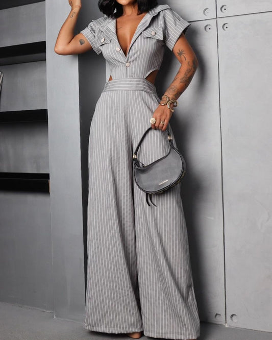 Lapel striped print cutout jumpsuit