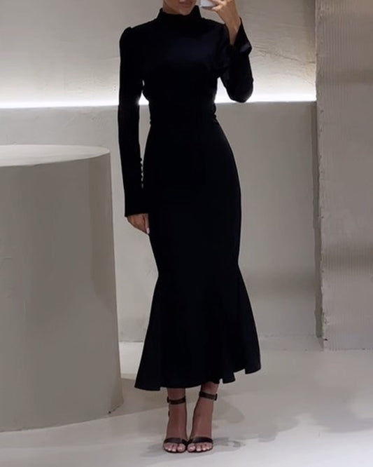 Elegant Solid Color Stand Collar Fishtail Dress