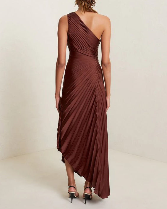 One-shoulder pleated satin dress