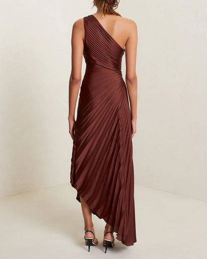 One-shoulder pleated satin dress