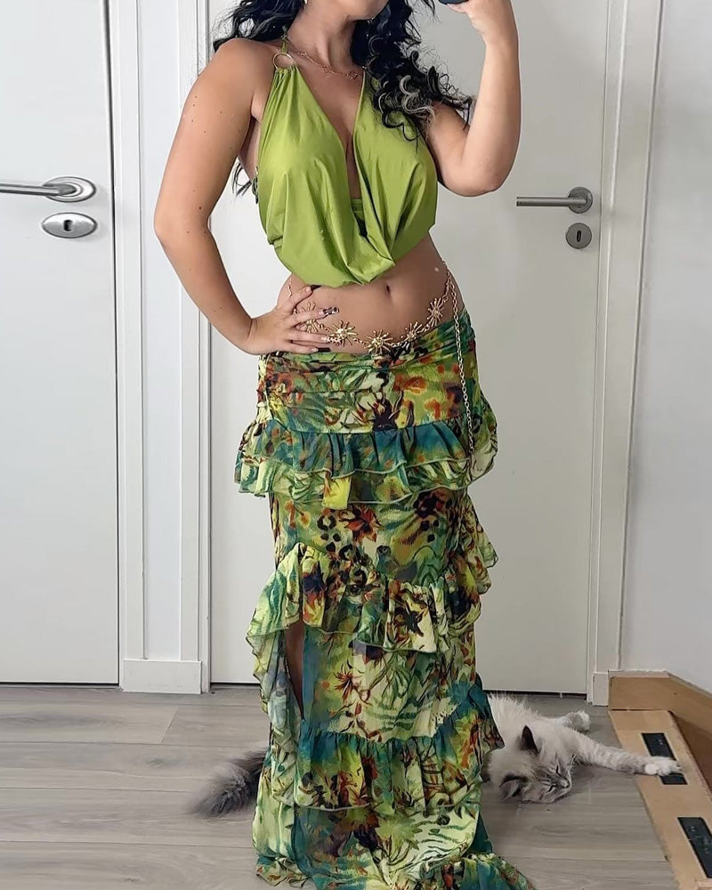 Sleeveless Halter Neck Solid Color Top Printed Ruffled Skirt Two-piece Set