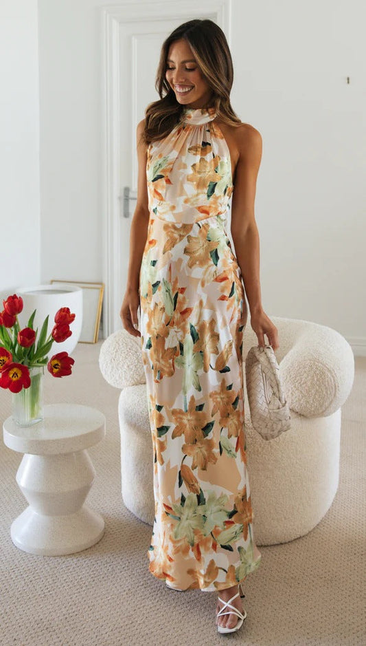 Jahre Sexy Frauen Persönlichkeit Bandage Neckholder Schnürung Rückenfrei Print Maxikleid