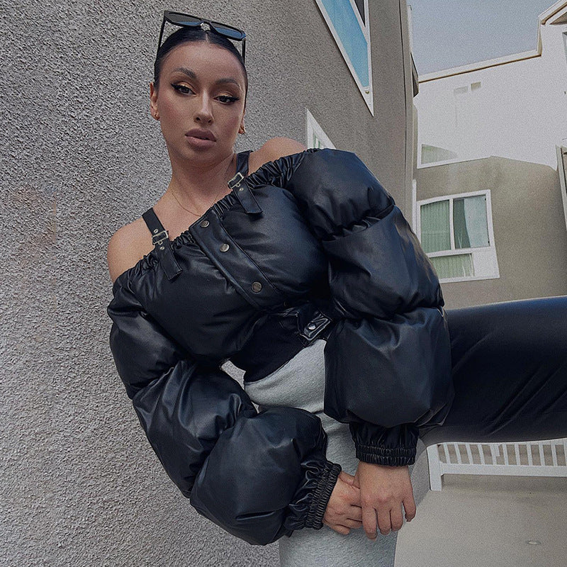 Winter Sexy Street Sexy Adjustable Shoulder Strap off Neck Puff Sleeve Waist Trimming Short Cotton Padded Jacket