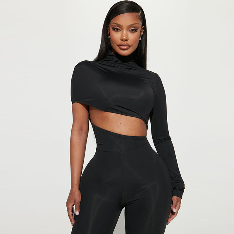 Women Clothing Autumn Sexy Personalized High Elastic Shoulder Long Sleeve Jumpsuit