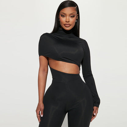 Women Clothing Autumn Sexy Personalized High Elastic Shoulder Long Sleeve Jumpsuit
