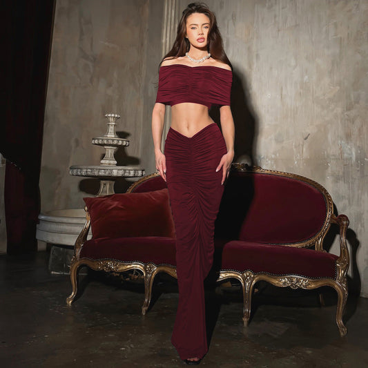 Women Clothing Winter Sexy Cropped Top Slim Pleated Skirt Set