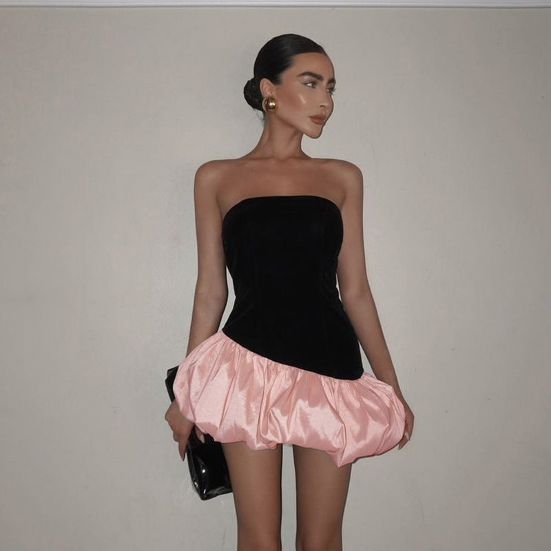 Winter Women Clothing Elegant Sleeveless Tube Top Advanced Suede Stitching Puffy Short Dress