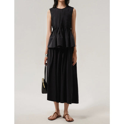 Woolen Cotton Tucker Pleats Sleeveless Bud Top Mid-length Dress Set