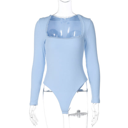Women Clothing Winter Sexy Square Neck Lace Slim Fit Base Long Sleeve Jumpsuit