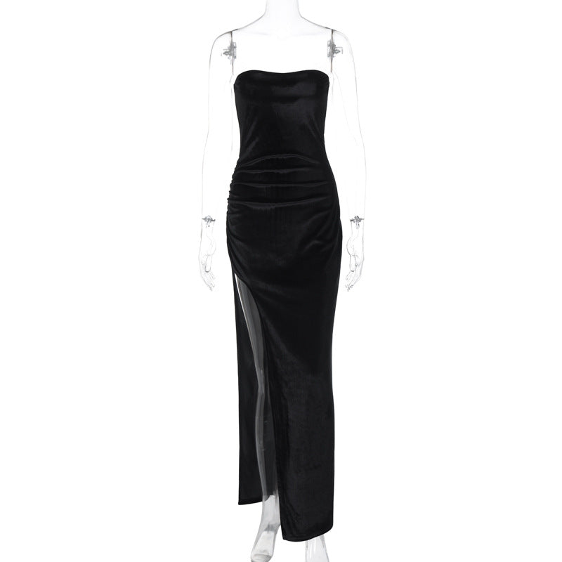 Women Clothing Winter Sexy Slit Slim Pleated Tube Top Dress