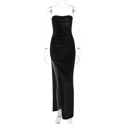 Women Clothing Winter Sexy Slit Slim Pleated Tube Top Dress